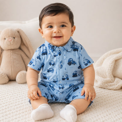 Baby Boys Premium Printed Romper | Soft Cotton Collared Summer Outfit | Comfortable Infant Wear(20)