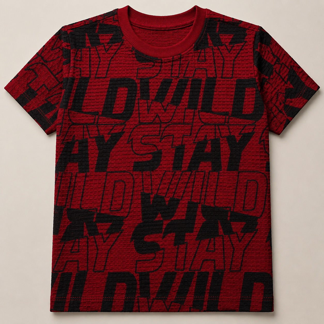 Boys' "STAY WILD" Graphic Print Waffle-Knit T-Shirt – Red & Black(China imported)