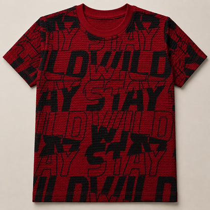 Boys' "STAY WILD" Graphic Print Waffle-Knit T-Shirt – Red & Black(China imported)
