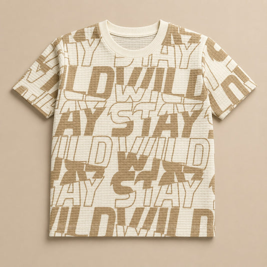 Boys' "STAY WILD" Graphic Print Waffle-Knit T-Shirt – Red & Black(China imported)