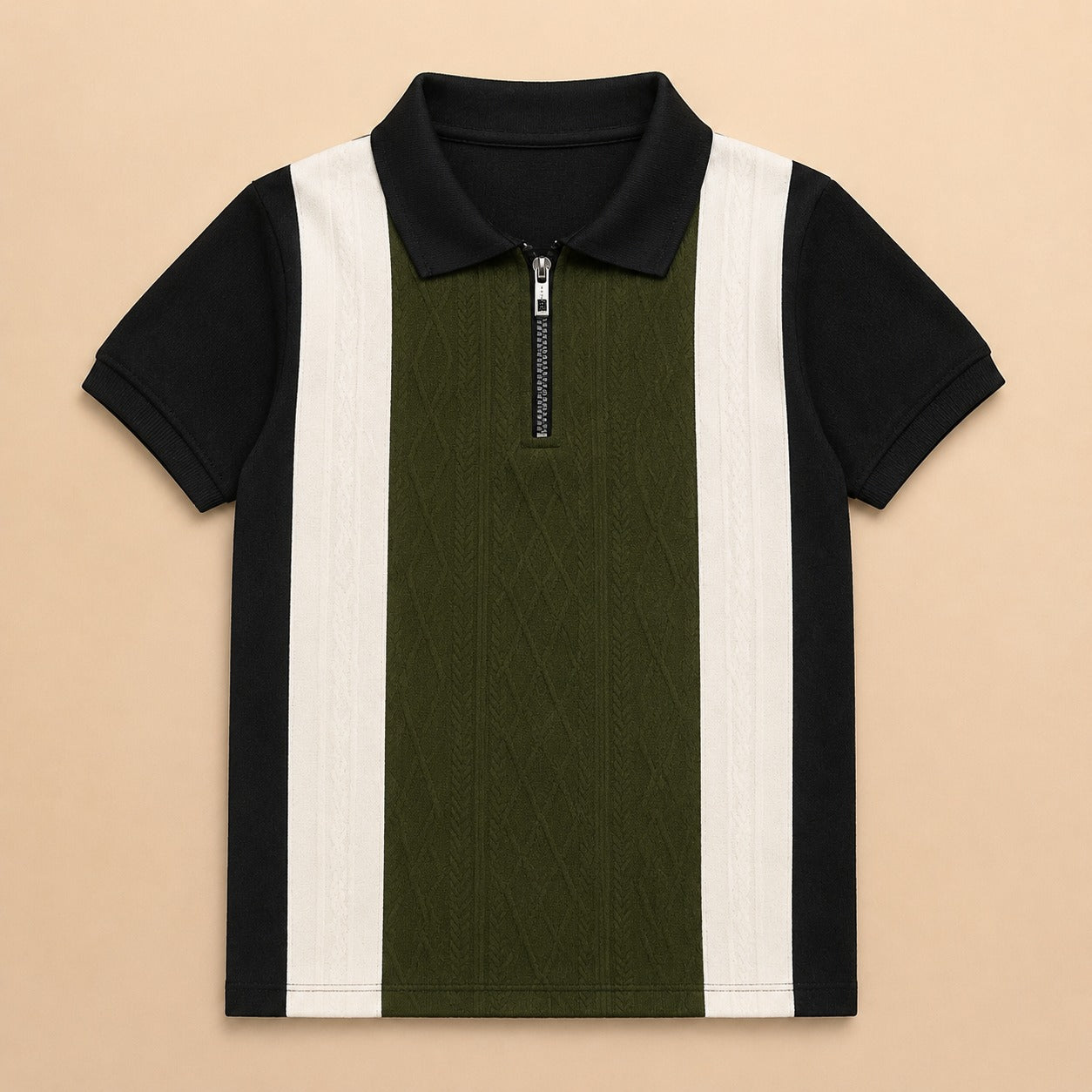 Boys' Modern Color-Block Zipper Polo – Olive, Black & Cream-OLD MONEY (China imported)