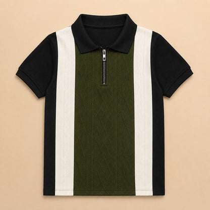 Boys' Modern Color-Block Zipper Polo – Olive, Black & Cream-OLD MONEY (China imported)