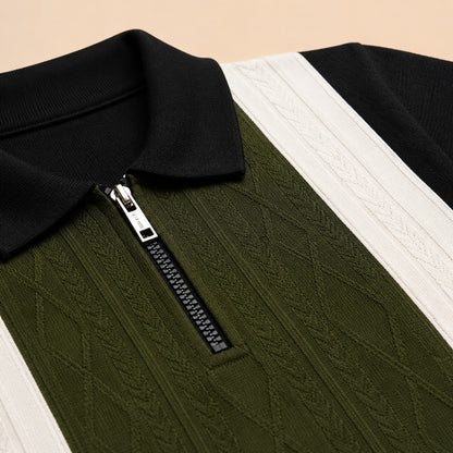 Boys' Modern Color-Block Zipper Polo – Olive, Black & Cream-OLD MONEY (China imported)