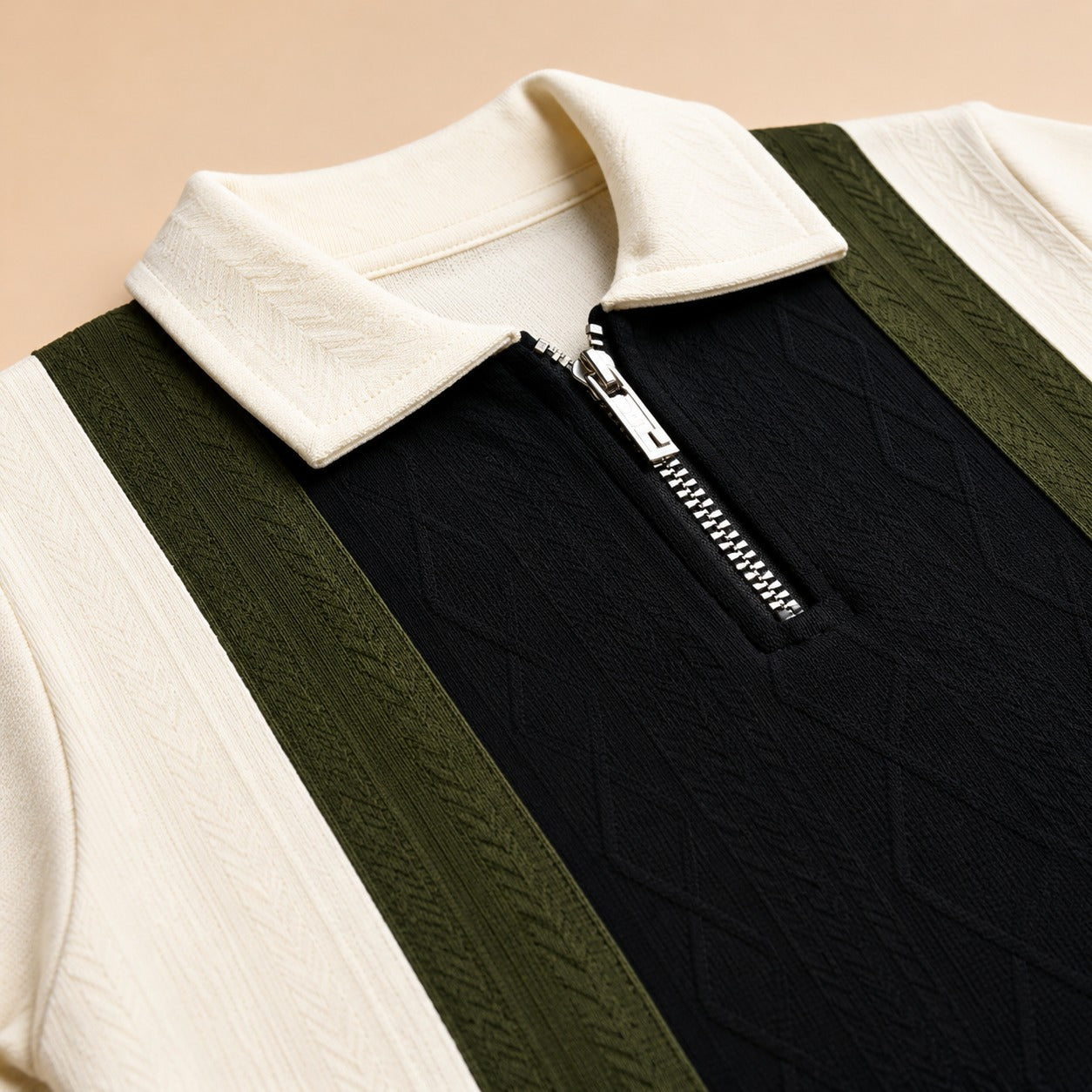Boys' Modern Color-Block Zipper Polo – Olive, Black & Cream-OLD MONEY (China imported)