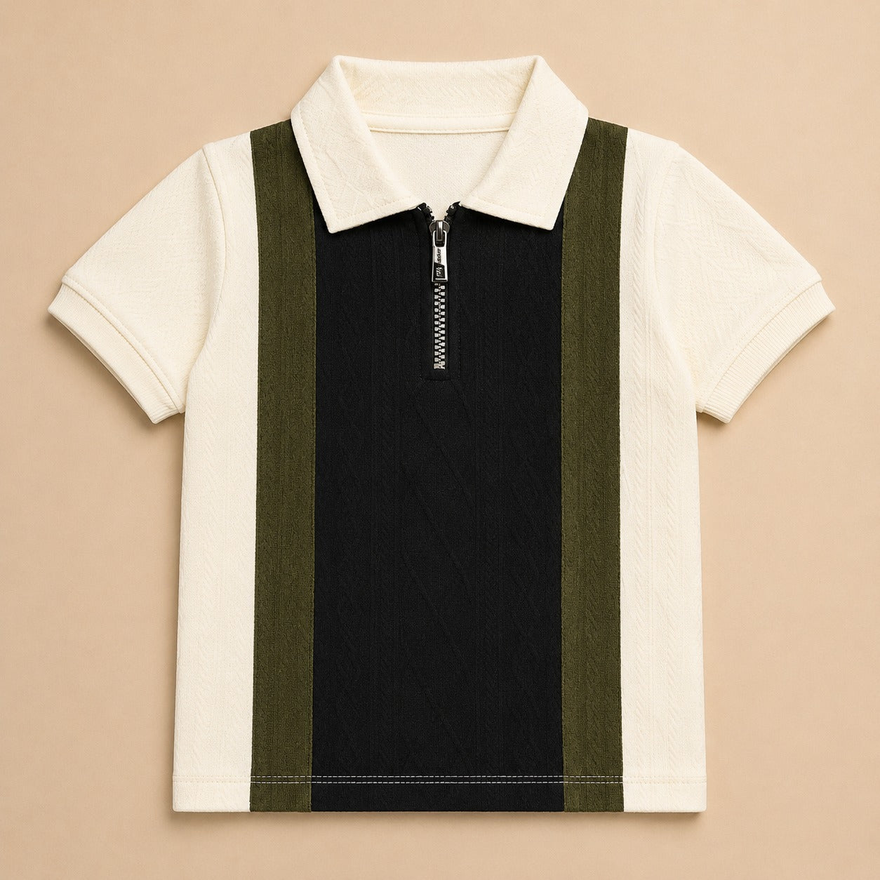 Boys' Modern Color-Block Zipper Polo – Olive, Black & Cream-OLD MONEY (China imported)