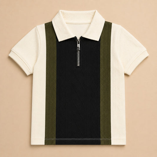 Boys' Modern Color-Block Zipper Polo – Olive, Black & Cream-OLD MONEY (China imported)