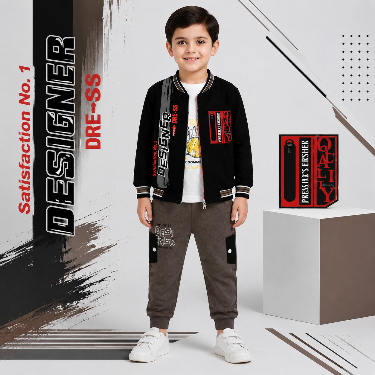 Kids Boys Terry Fabric 3-Piece Winter Suit – Jacket, T-Shirt & Trouser