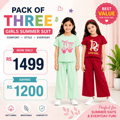 Pack of 3 Girls Summer Suit Set – Premium Soft Fabric Casual Outfit