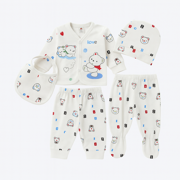 5-Piece Infant Dress Set – Soft PC Fabric Newborn Outfit with Bib, Cap & Pants (White 01)