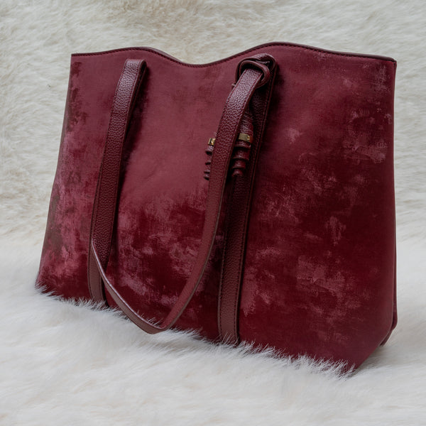 Elegant Light Brown Velvet Finish Women’s Handbag — Everyday Tote Style (Red)