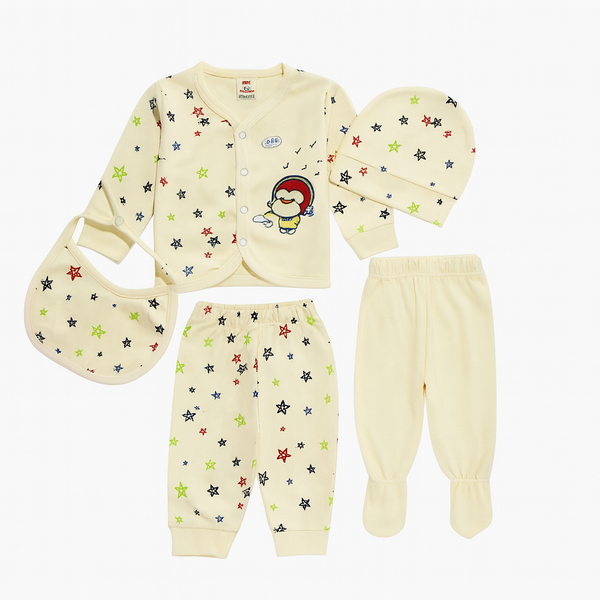 5-Piece Infant Dress Set – Soft PC Fabric Newborn Outfit with Bib, Cap & Pants (Yellow)