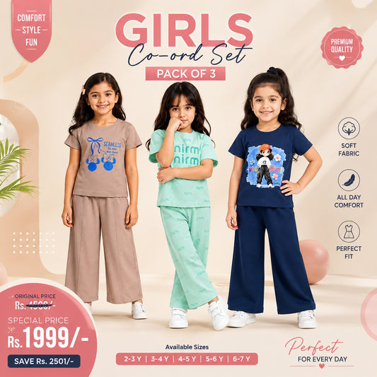 Girls Premium Co-ord Set - Pack of 3 | Stylish Graphic Tee & Wide-Leg Trouser Outfit