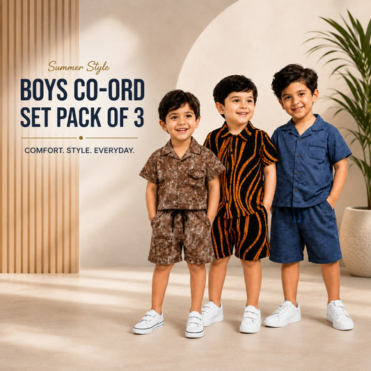 Boys Co-Ord Set Pack of 3 – Soft China Imported Fabric Summer Outfit for Kids