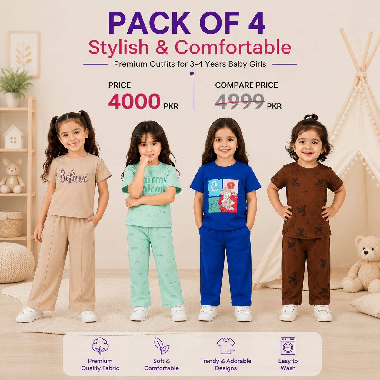 Premium Girls Summer Outfit Set – Pack of 4 | Stylish & Comfortable Clothing Collection (3–4 Years)  (23)