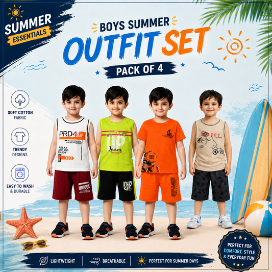 Boys Summer Cotton Outfit Set – Pack of 4 Trendy Sleeveless T-Shirt & Shorts Co-Ord Sets
