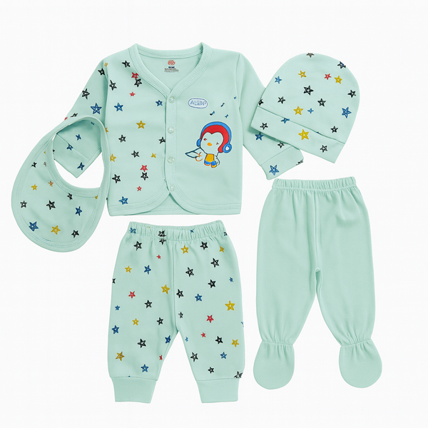 5-Piece Infant Dress Set – Soft PC Fabric Newborn Outfit with Bib, Cap & Pants (Ice-Green))